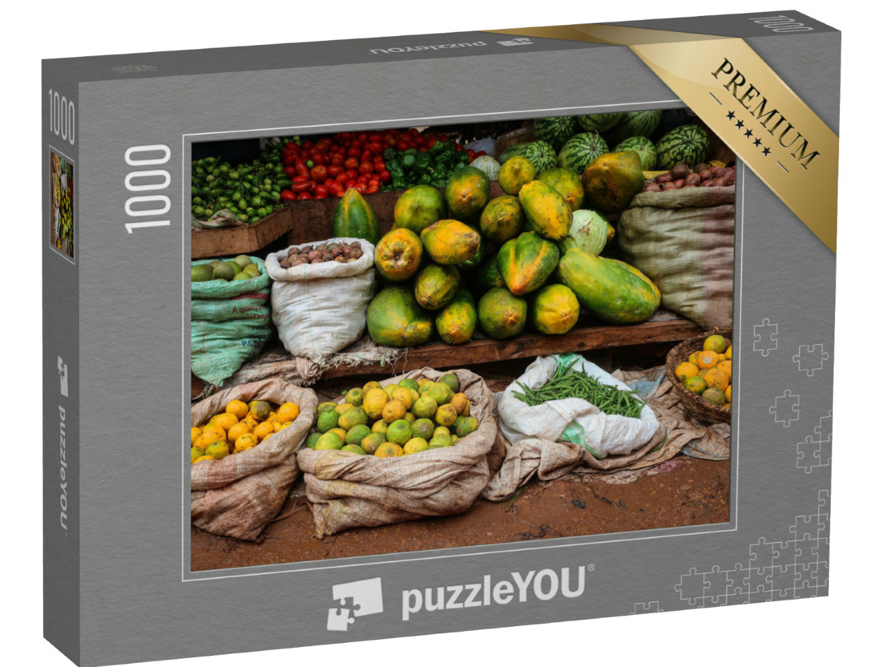 Puzzle de 1000 pièces « Marché rural traditionnel avec poisson et matoke, Masaka, Ouganda »