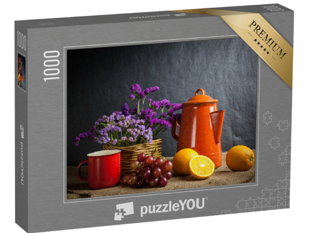 Puzzle de 1000 pièces « Nature morte avec des fruits frais et des fleurs dans un panier en bois »