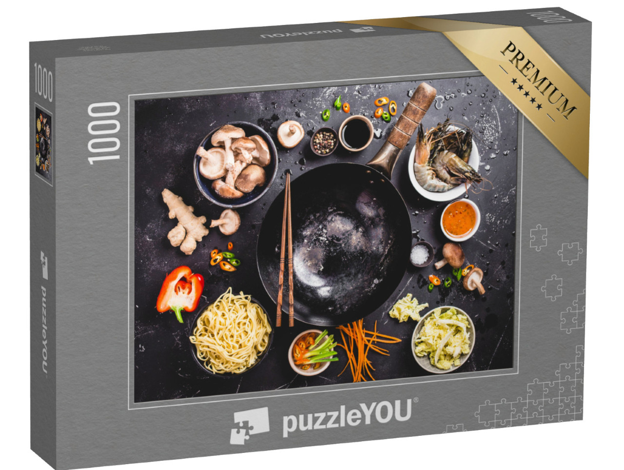 Puzzle de 1000 pièces « Cuisine asiatique avec wok, légumes et nouilles »