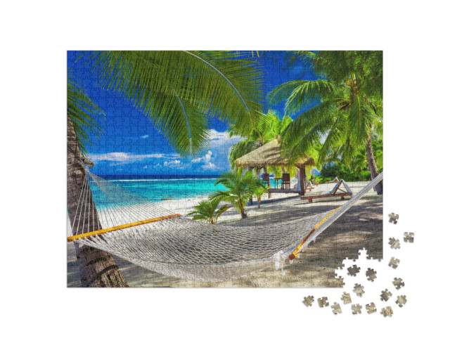 Puzzle de 1000 pièces « Hamac entre des palmiers sur une plage tropicale animée, Îles Cook »