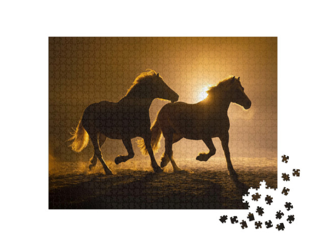 Puzzle de 1000 pièces « Silhouette de deux chevaux Haflinger au galop dans l'atmosphère du soir »