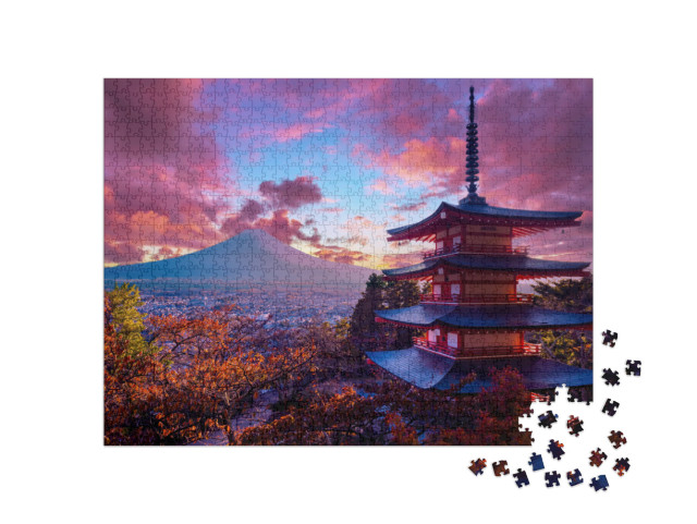 Puzzle de 1000 pièces « Magnifique coucher de soleil, pagode Chureito et Mont Fuji, Japon »