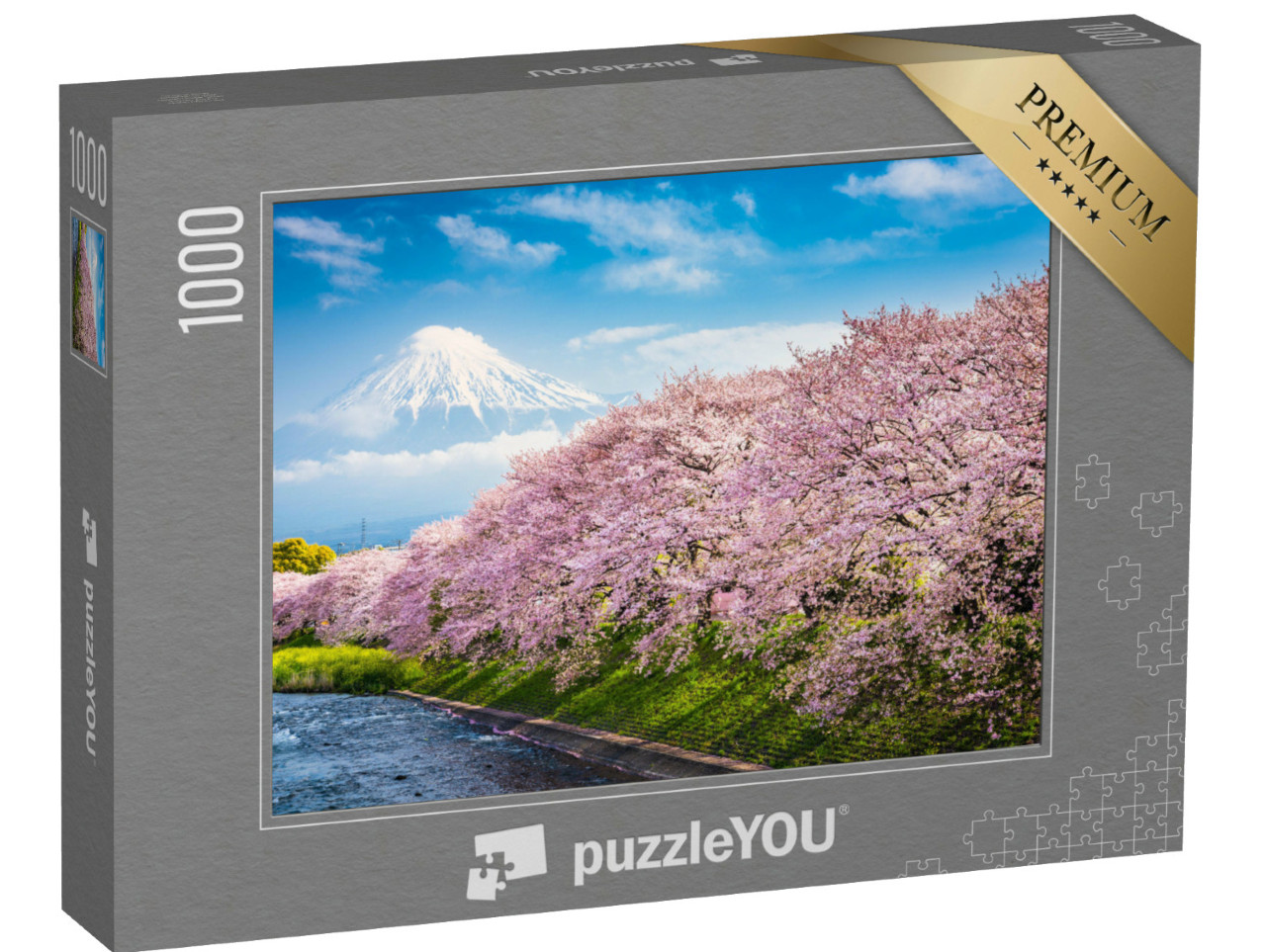 Puzzle de 1000 pièces « Mont Fuji, au premier plan Sakura, la fleur de cerisier japonaise »