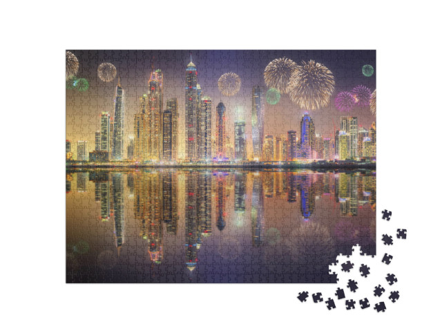 Puzzle de 1000 pièces « Panorama des gratte-ciel de la marina de Dubaï avec feux d'artifice »