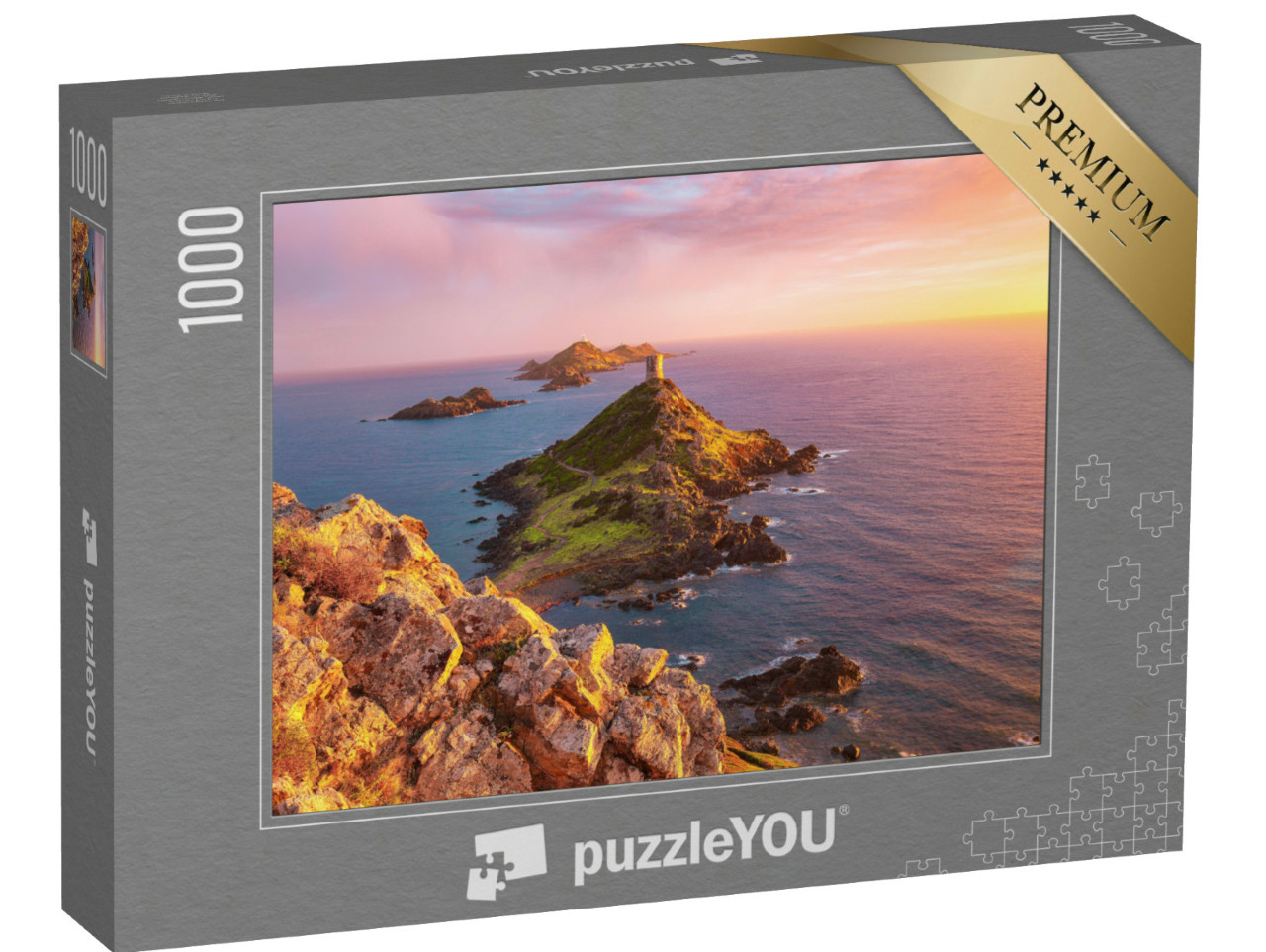 Puzzle de 1000 pièces « Coucher de soleil sur la Torra di a Parata avec la tour génoise, Corse »