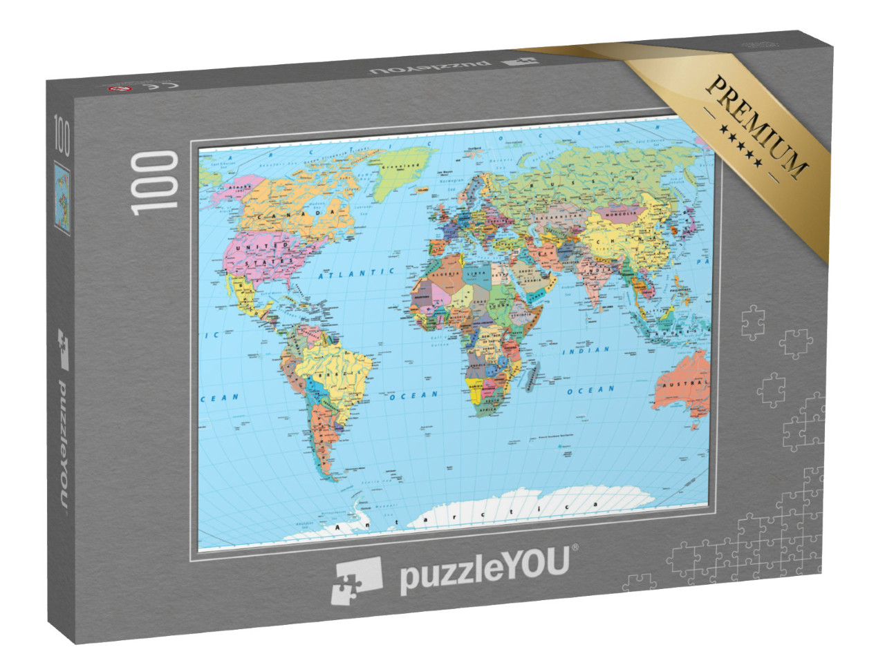 Puzzle de 100 pièces « Carte du monde en couleur - frontières, pays, routes et villes »