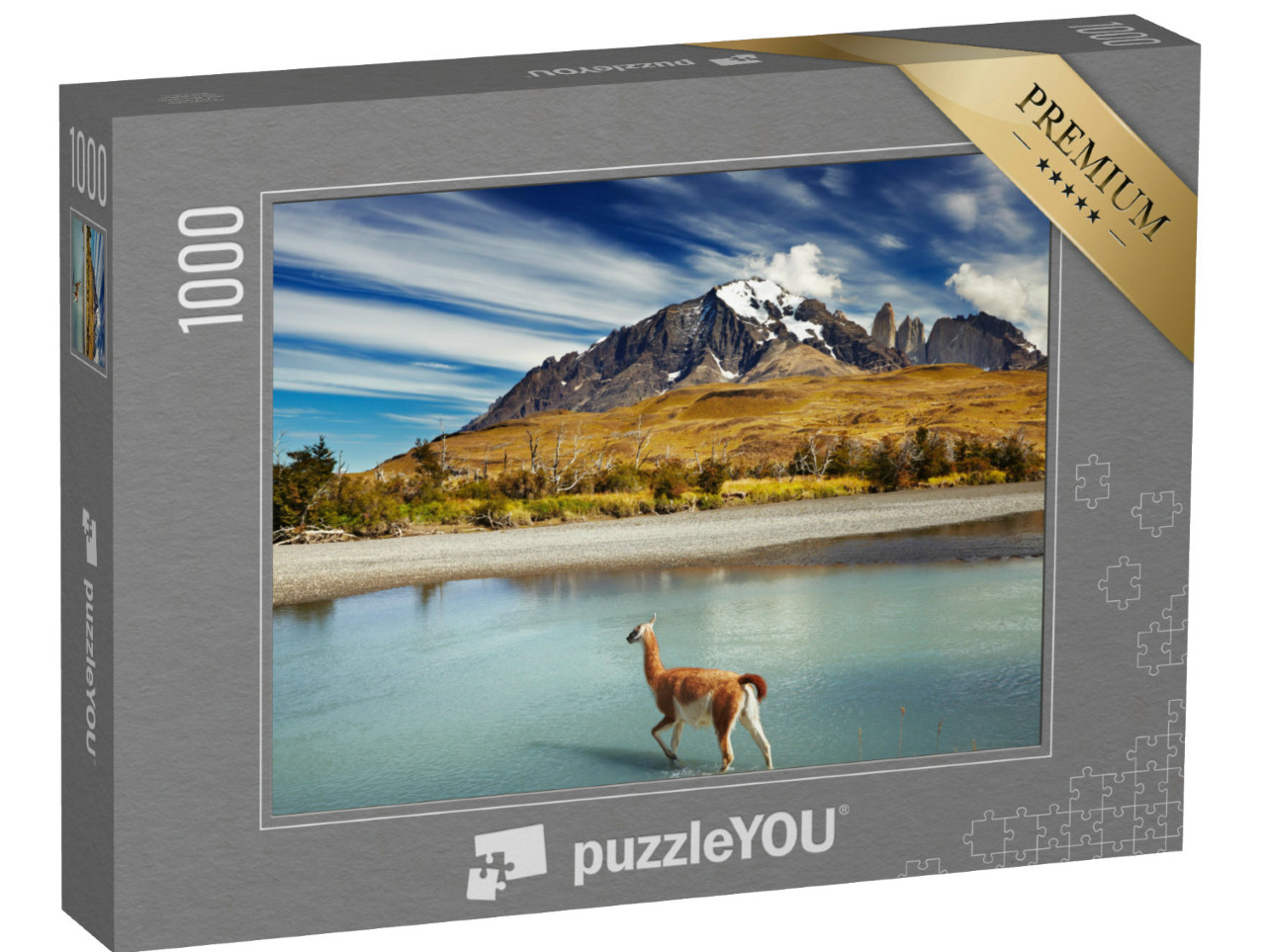 Puzzle de 1000 pièces « Guanaco traversant la rivière dans le Torres del Paine, Patagonie, Chili »