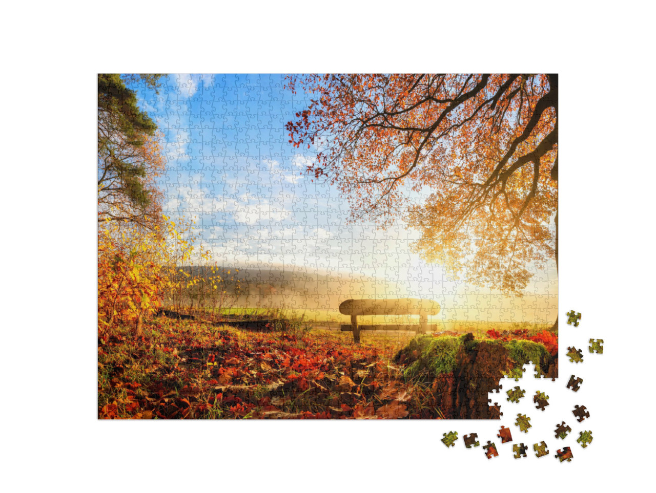 Puzzle de 1000 pièces « Un banc en bois pour se reposer dans un paysage automnal »