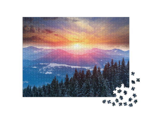 Puzzle de 1000 pièces « Coucher de soleil hivernal dans les montagnes »