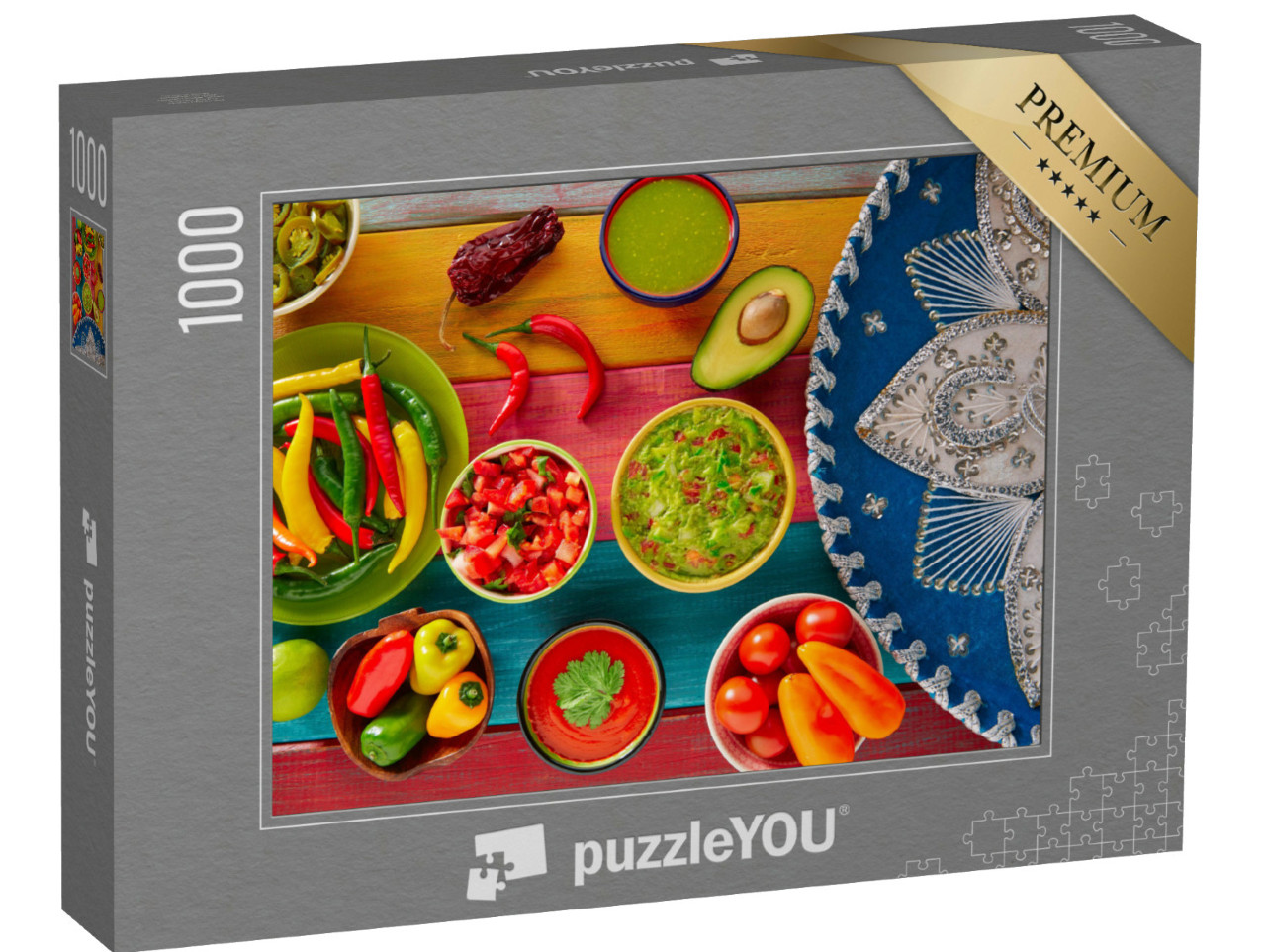 Puzzle de 1000 pièces « Des recettes mexicaines : Nachos au guacamole, sauce au chili et pico de gallo »