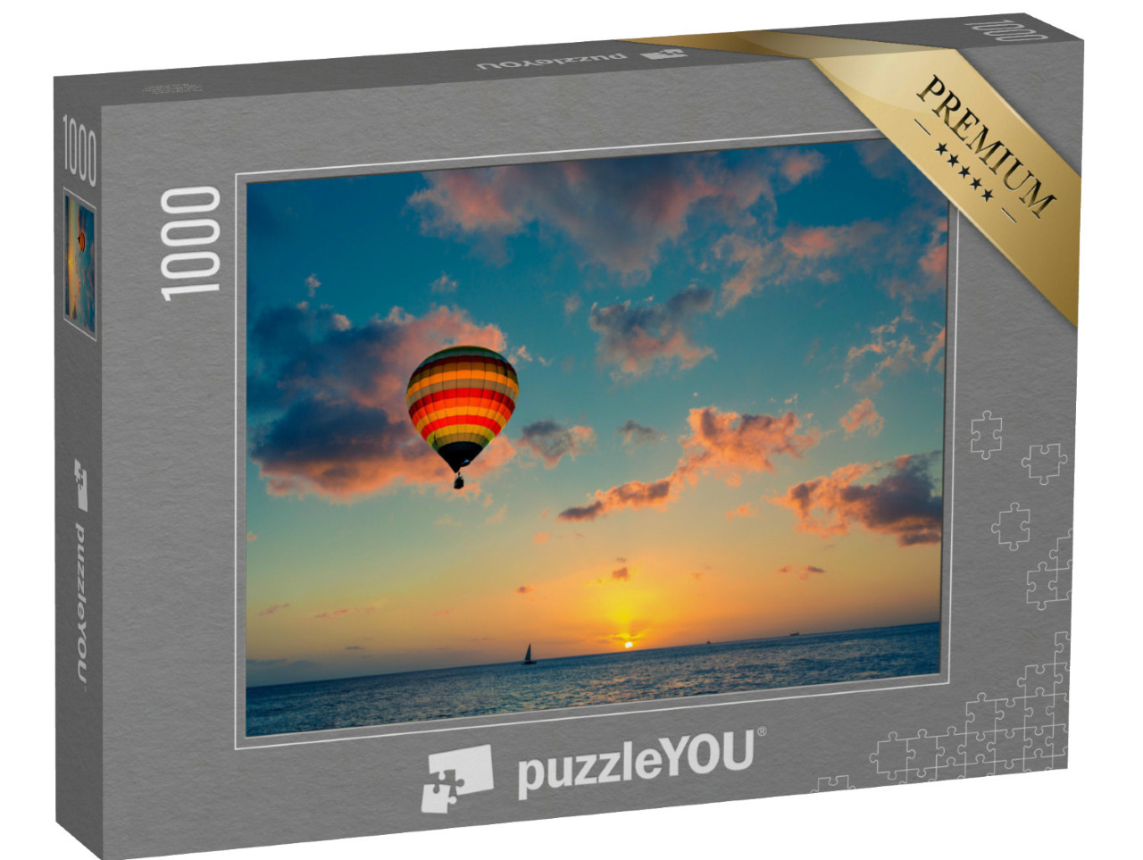 Puzzle de 1000 pièces « Montgolfière au-dessus de la mer au coucher du soleil »