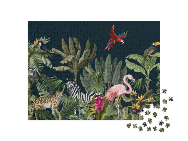 Puzzle de 1000 pièces « Motif sans couture avec des animaux de la jungle, des fleurs et des arbres »