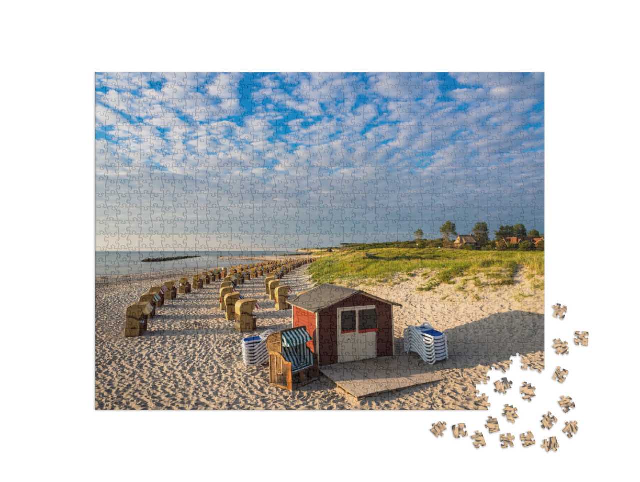 Puzzle de 1000 pièces « Chaises de plage et cabane sur la plage de la mer Baltique à Wustrow, Allemagne »