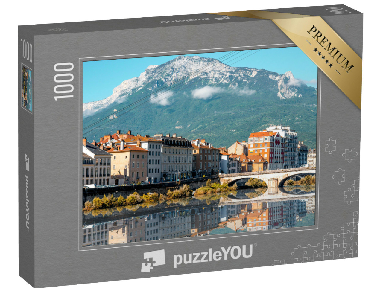 Puzzle de 1000 pièces « Vue matinale de la ville de Grenoble, dans le sud-est de la France, avec montagnes, rivière et pont. »