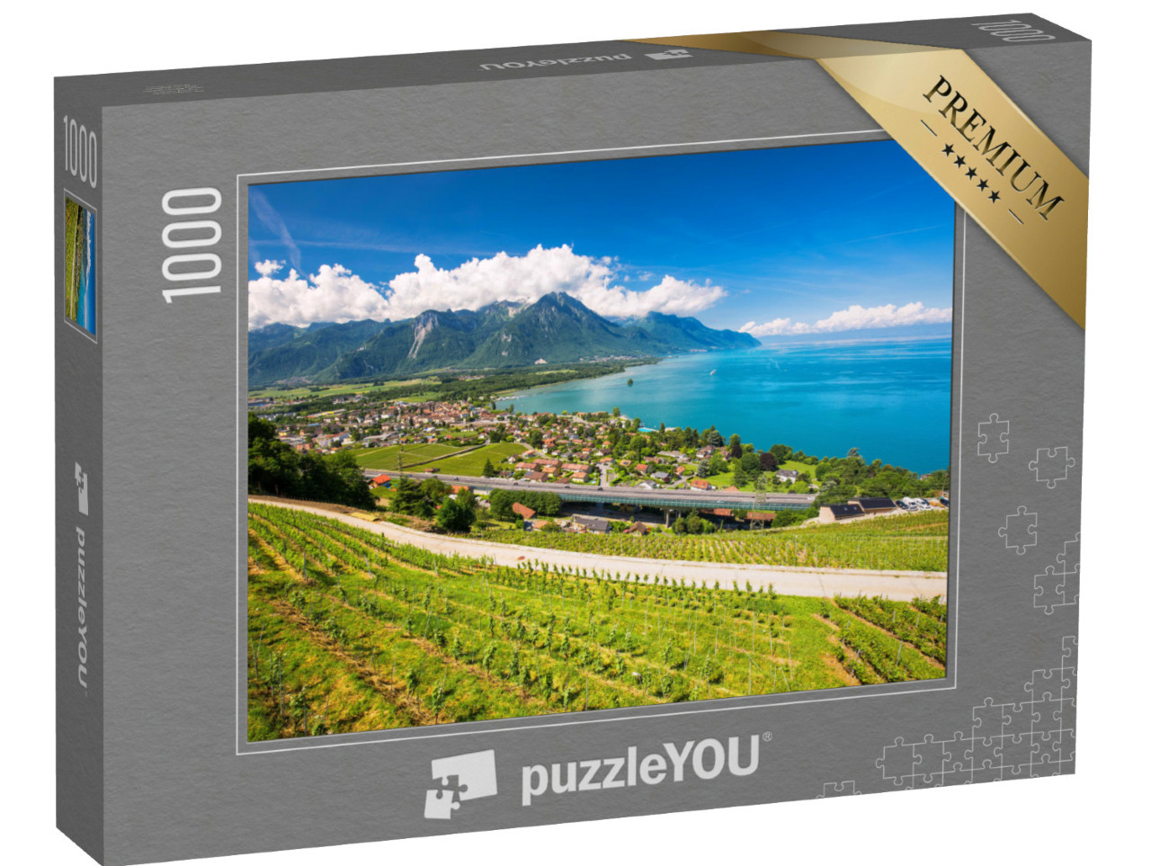 Puzzle de 1000 pièces « Vue sur Villeneuve avec les Alpes suisses, le lac Léman et les vignobles »