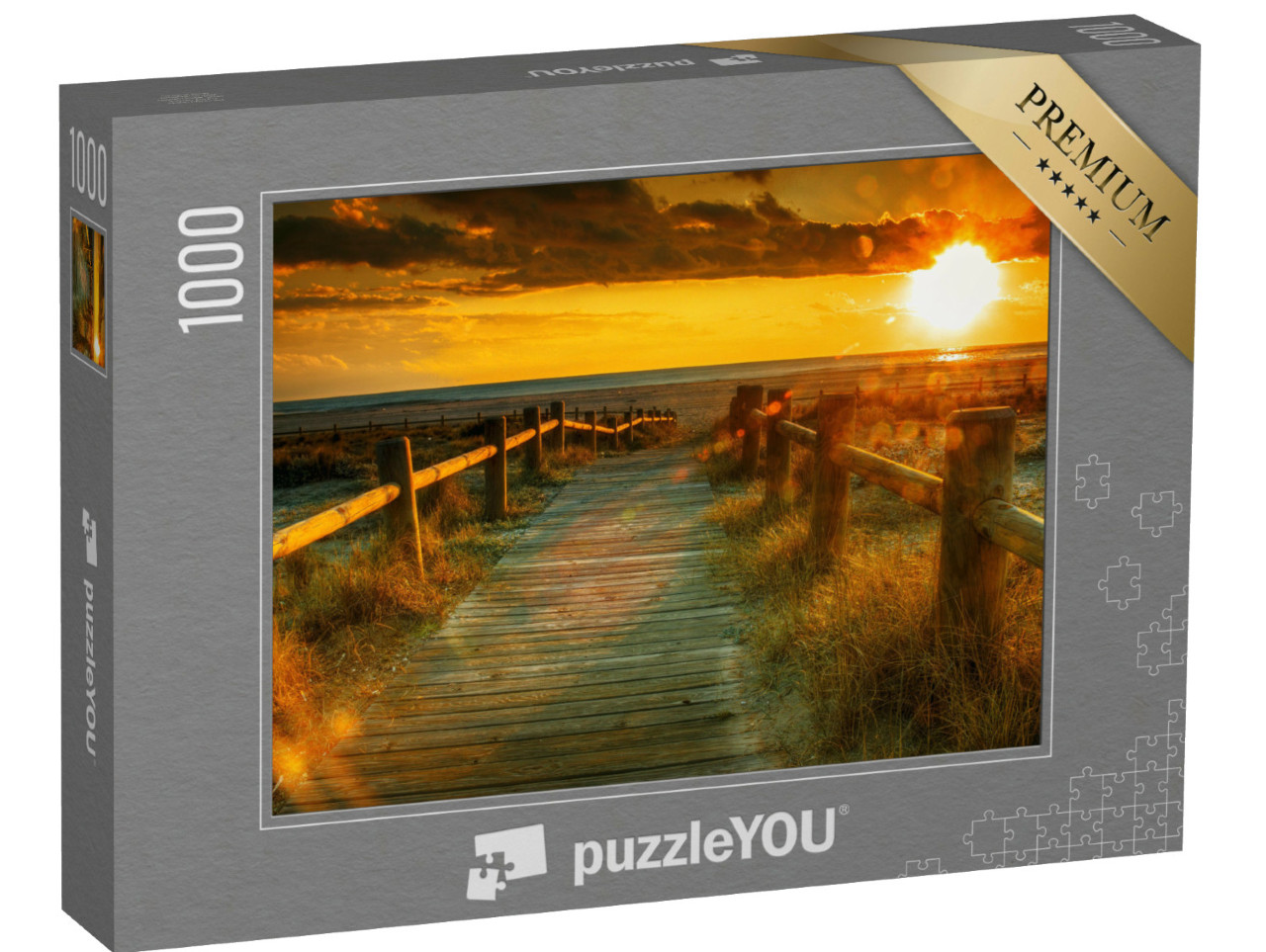 Puzzle de 1000 pièces « Passerelle en bois vers le coucher de soleil sur la plage »