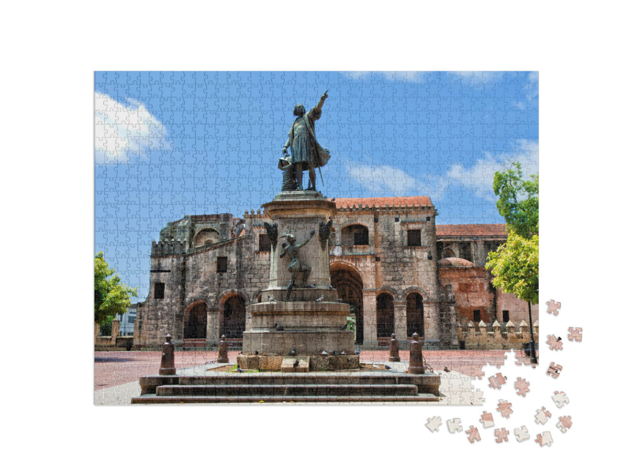 Puzzle de 1000 pièces « Statue de Christophe Colomb et cathédrale, Parque Colon, Saint-Domingue, Caraïbes »