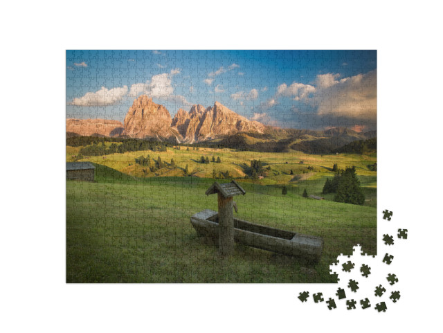 Puzzle de 1000 pièces « Alpe de Siusi avec le groupe du Sassolungo au coucher du soleil, Tyrol du Sud, Italie »