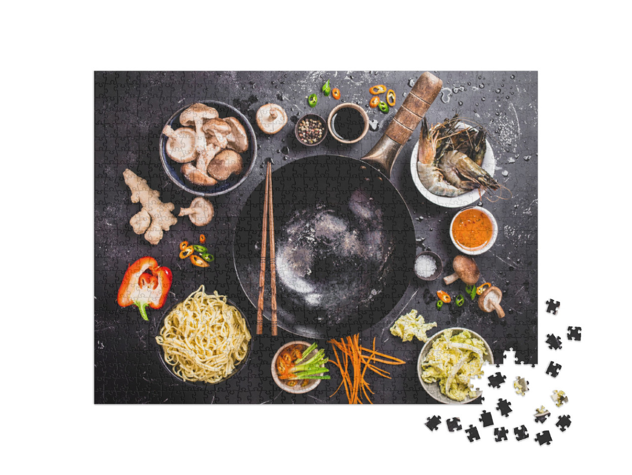 Puzzle de 1000 pièces « Cuisine asiatique avec wok, légumes et nouilles »