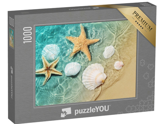 Puzzle de 1000 pièces « Étoiles de mer et coquillages dans le doux ressac de la plage »