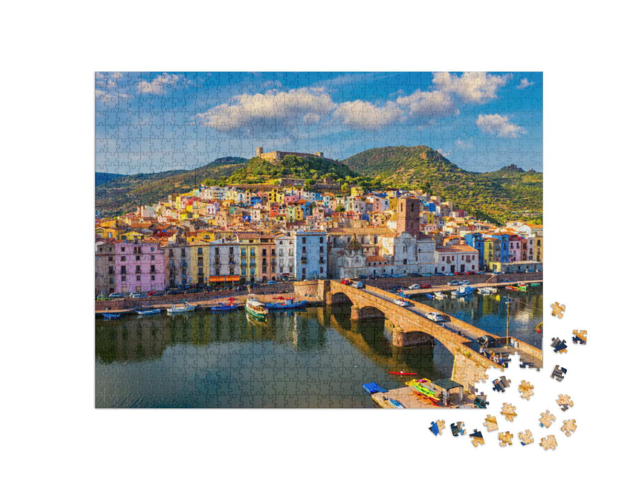 Puzzle de 1000 pièces « Vue aérienne du village de Bosa avec ses maisons colorées, Sardaigne »