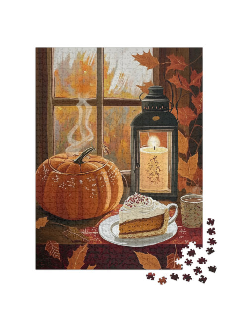 Puzzle de 1000 pièces « Ambiance automnale à Halloween avec citrouille et gâteau »
