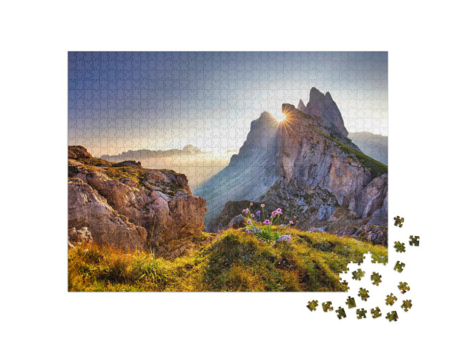 Puzzle de 1000 pièces « Vue sur le sommet de Seceda le matin, Dolomites, Tyrol du Sud »