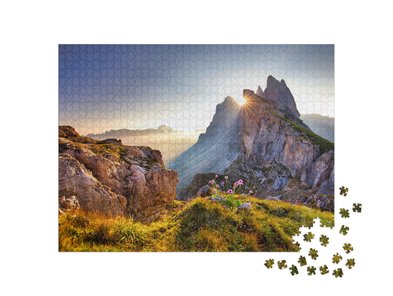 Puzzle de 1000 pièces « Vue sur le sommet de Seceda le matin, Dolomites, Tyrol du Sud »