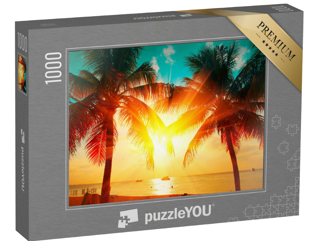 Puzzle de 1000 pièces « Coucher de soleil sur une plage de palmiers »