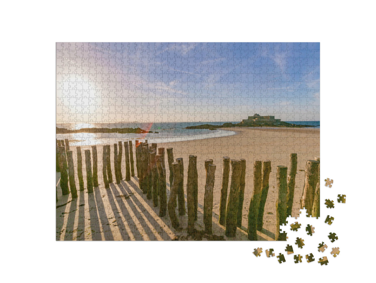 Puzzle de 1000 pièces « Brise-lames, ruines du fort et plage de Saint-Malo à marée basse, Bretagne, France »