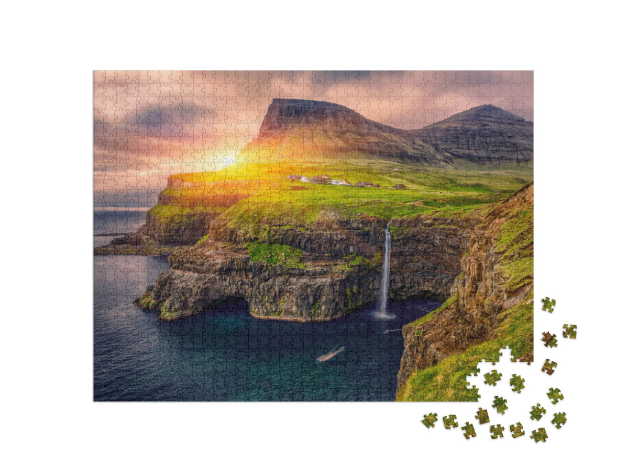 Puzzle de 1000 pièces « Chute d'eau à Gasadalur au coucher du soleil »