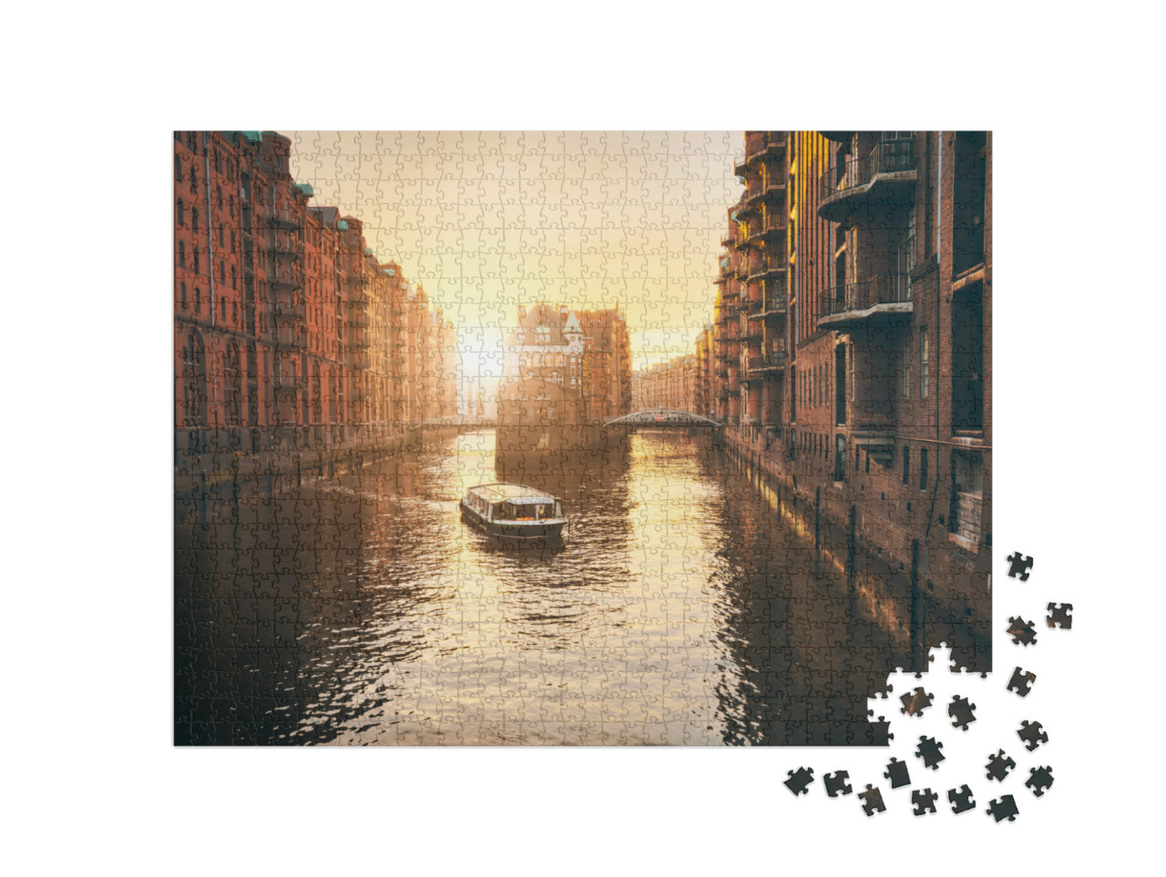 Puzzle de 1000 pièces « Coucher de soleil sur la Speicherstadt de Hambourg »