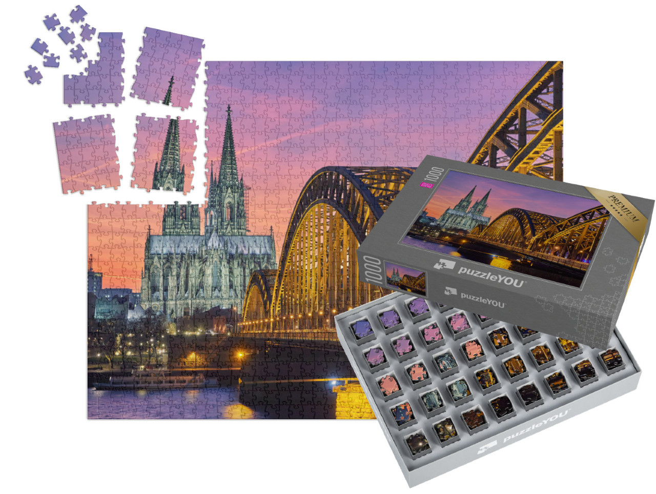 SMART SORTED® | Puzzle photo 1000 pièces « La cathédrale de Cologne et le pont Hohenzollern au coucher du soleil »