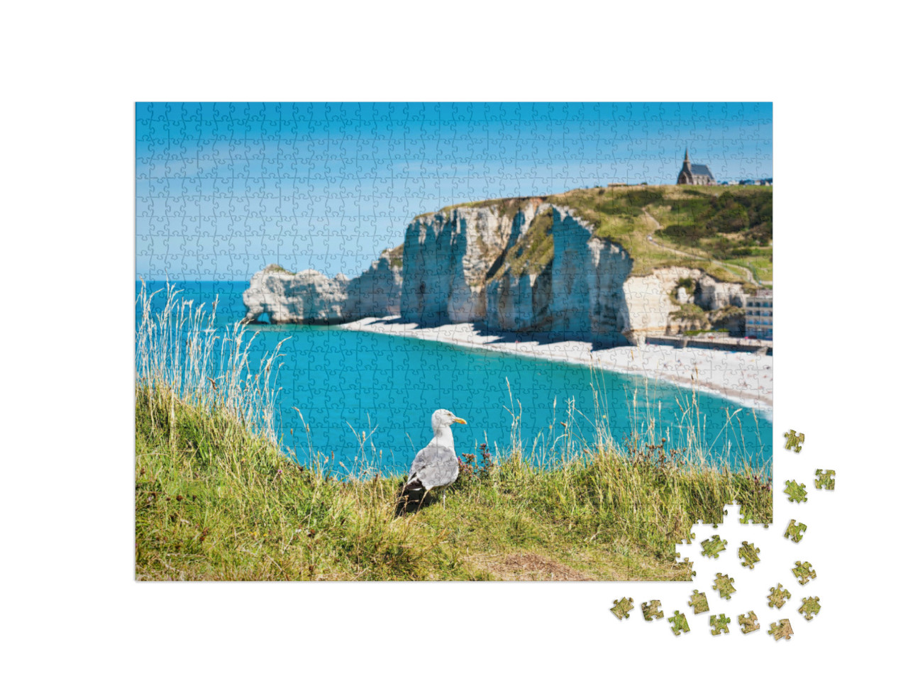 Puzzle de 1000 pièces « Mouette sur une plage rocheuse. Normandie, Côte d'Albatre, France. »
