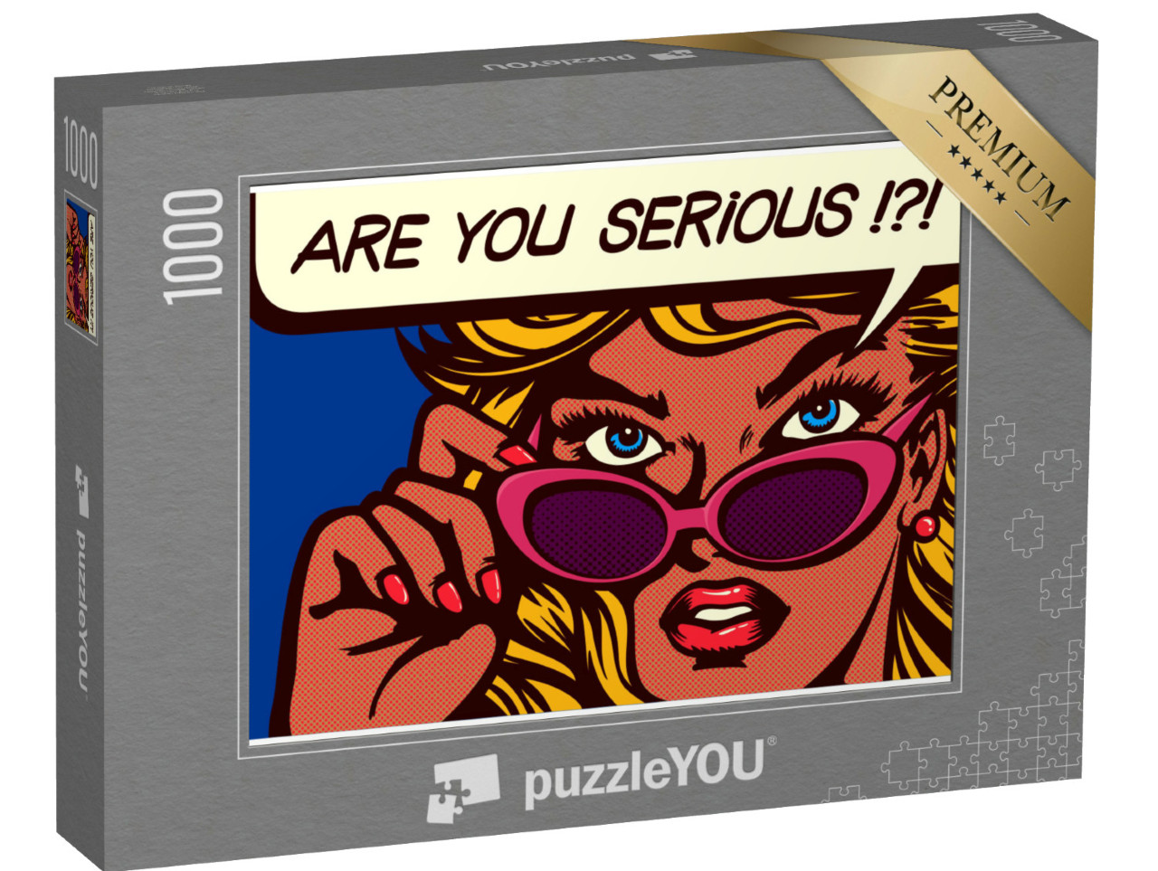 Puzzle de 1000 pièces « Style Pop Art BD - femme sceptique avec lunettes de soleil »