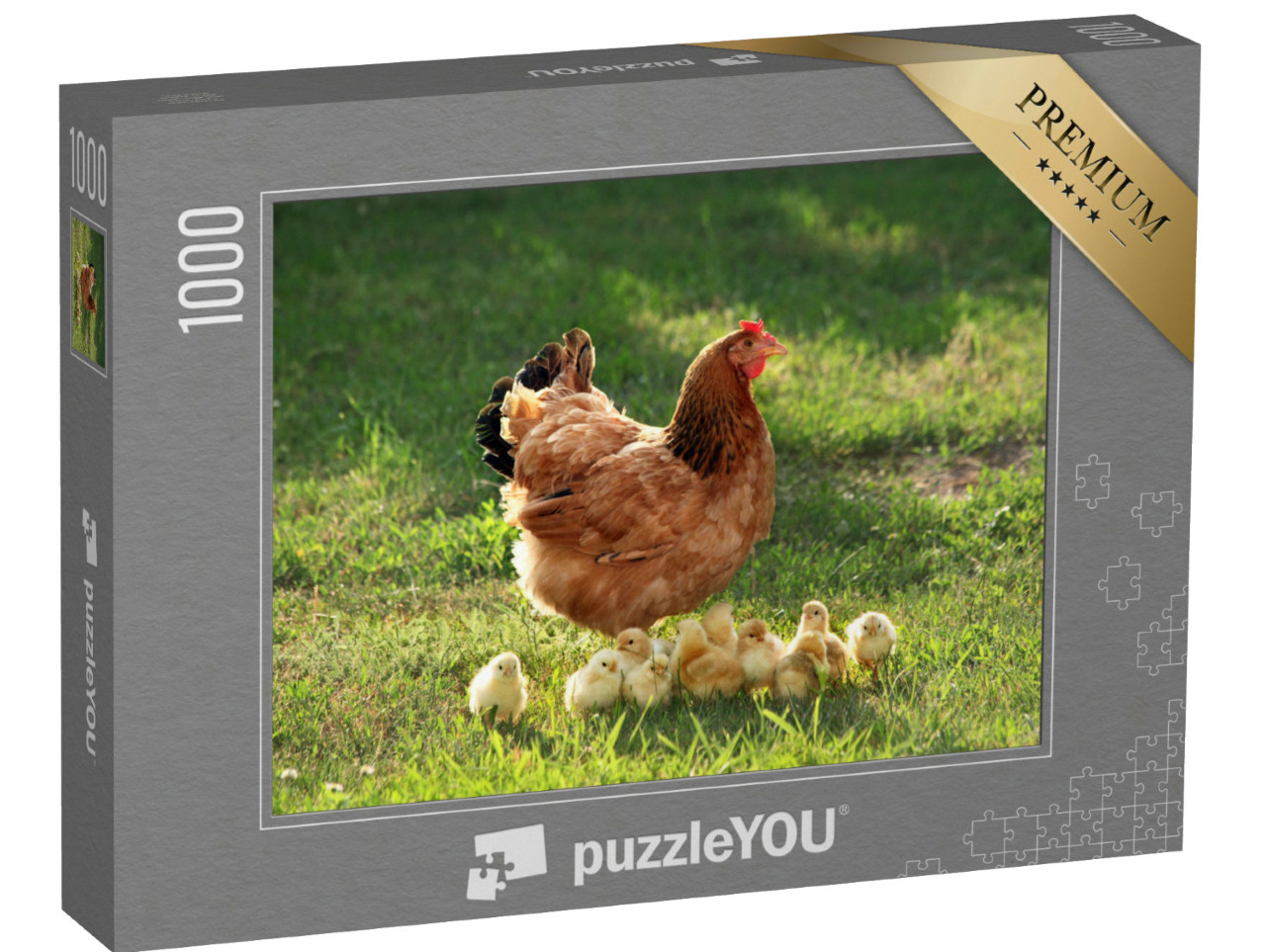 Puzzle de 1000 pièces « Mère poule et ses poussins dans une verte prairie »