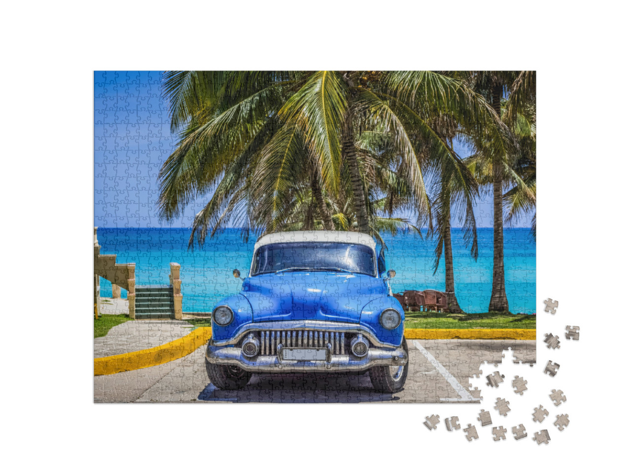 Puzzle de 1000 pièces « Voiture ancienne : Buick sous les palmiers sur la plage, Varadero, Cuba »