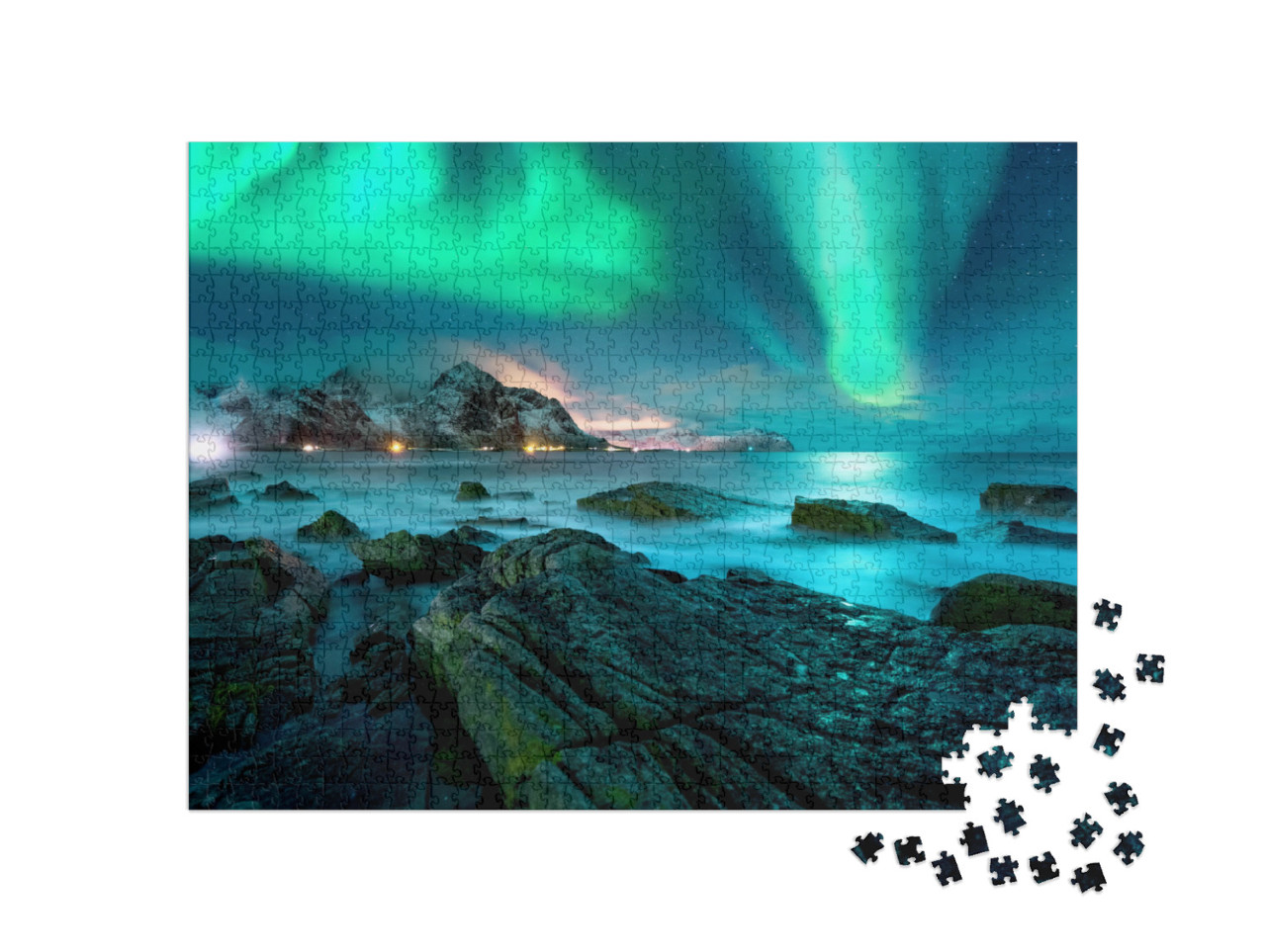 Puzzle de 1000 pièces « Aurores boréales au-dessus des îles enneigées des Lofoten »