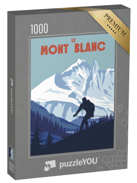 Puzzle de 1000 pièces « Mont Blanc Ski Area Poster, retro. Carte de voyage d'hiver des Alpes »