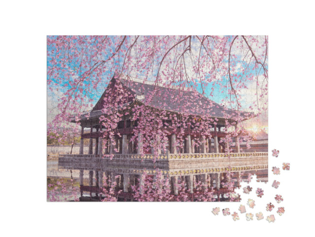 Puzzle de 1000 pièces « Les cerisiers en fleurs au Palais de Gyeongbokgung à Séoul »