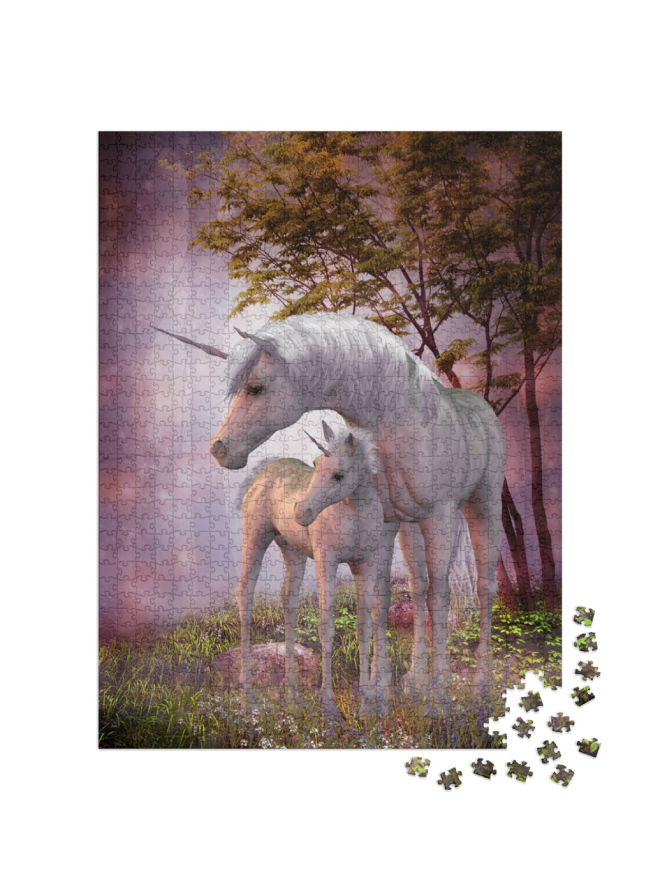 Puzzle de 1000 pièces « Jument licorne et poulain dans la forêt magique »