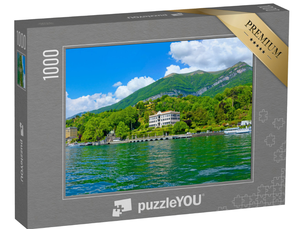 Puzzle de 1000 pièces « Panorama ensoleillé sur le lac de Côme avec bateau d'excursion »