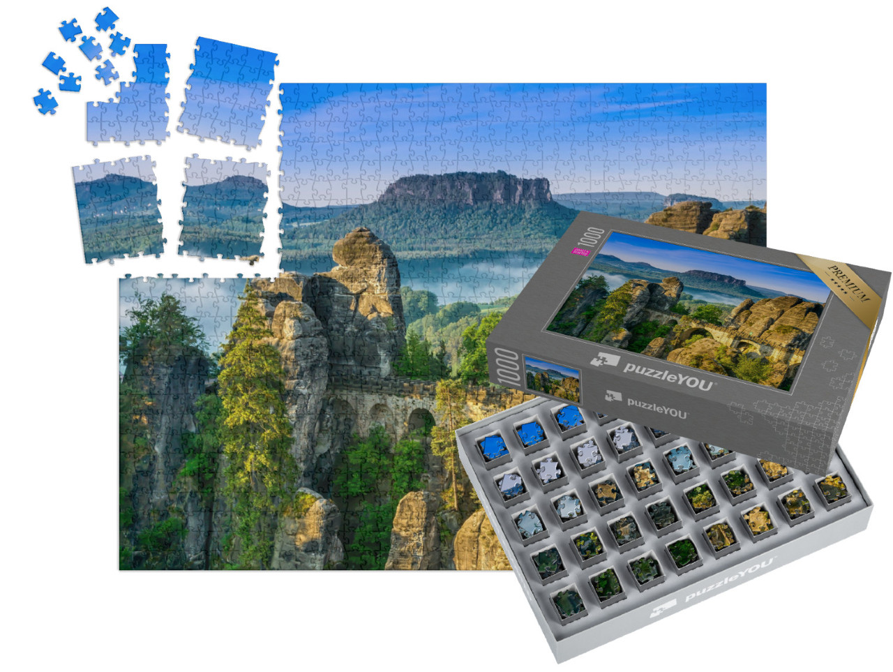 SMART SORTED® | Puzzle photo 1000 pièces « Lever de soleil sur le Bastei en Suisse saxonne, Allemagne »