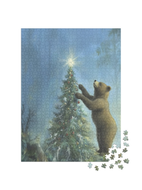 Puzzle de 1000 pièces « Un ours brun décore un sapin de Noël dans la forêt hivernale »