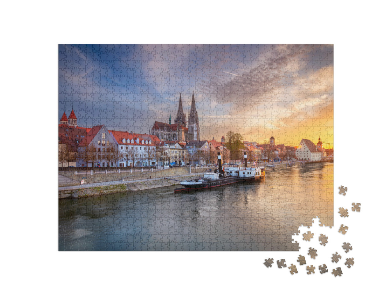 Puzzle de 1000 pièces « Ratisbonne au printemps : coucher de soleil sur la ville, Bavière »