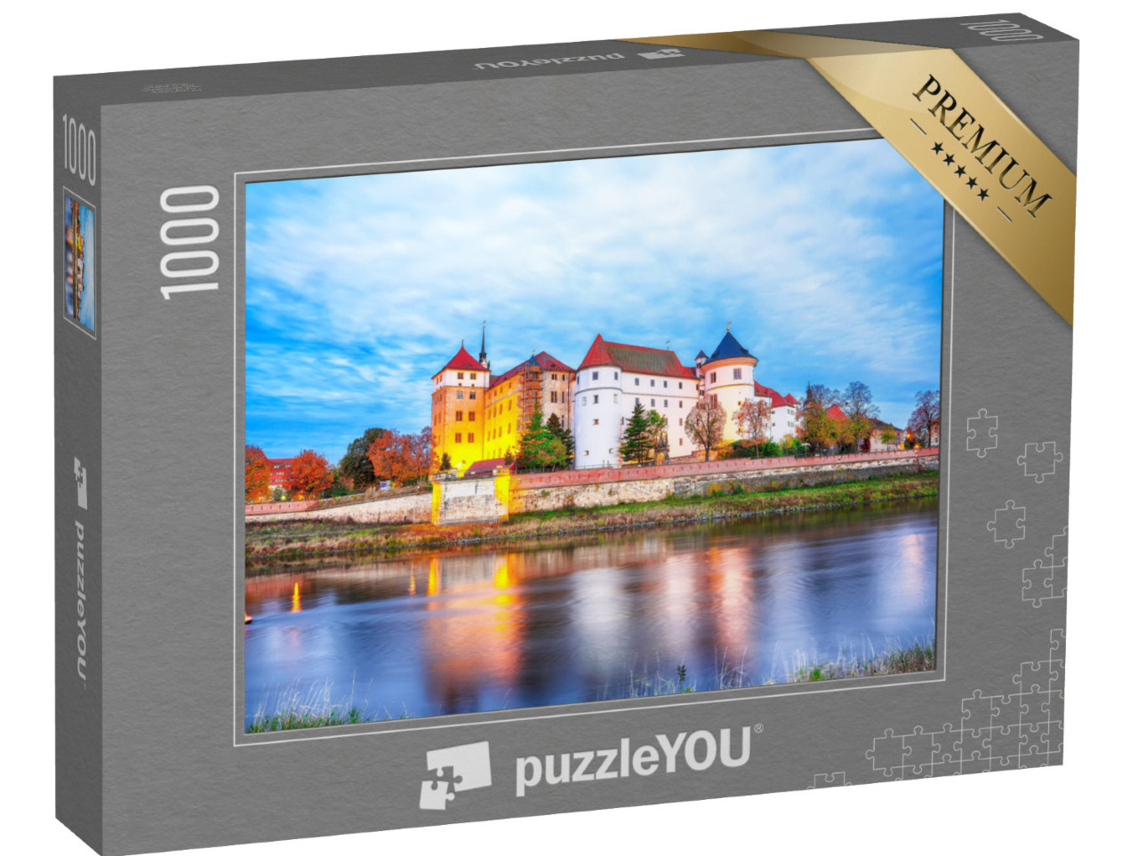 Puzzle de 1000 pièces « Vue matinale pittoresque du château de Hartenfels sur les rives de l'Elbe »