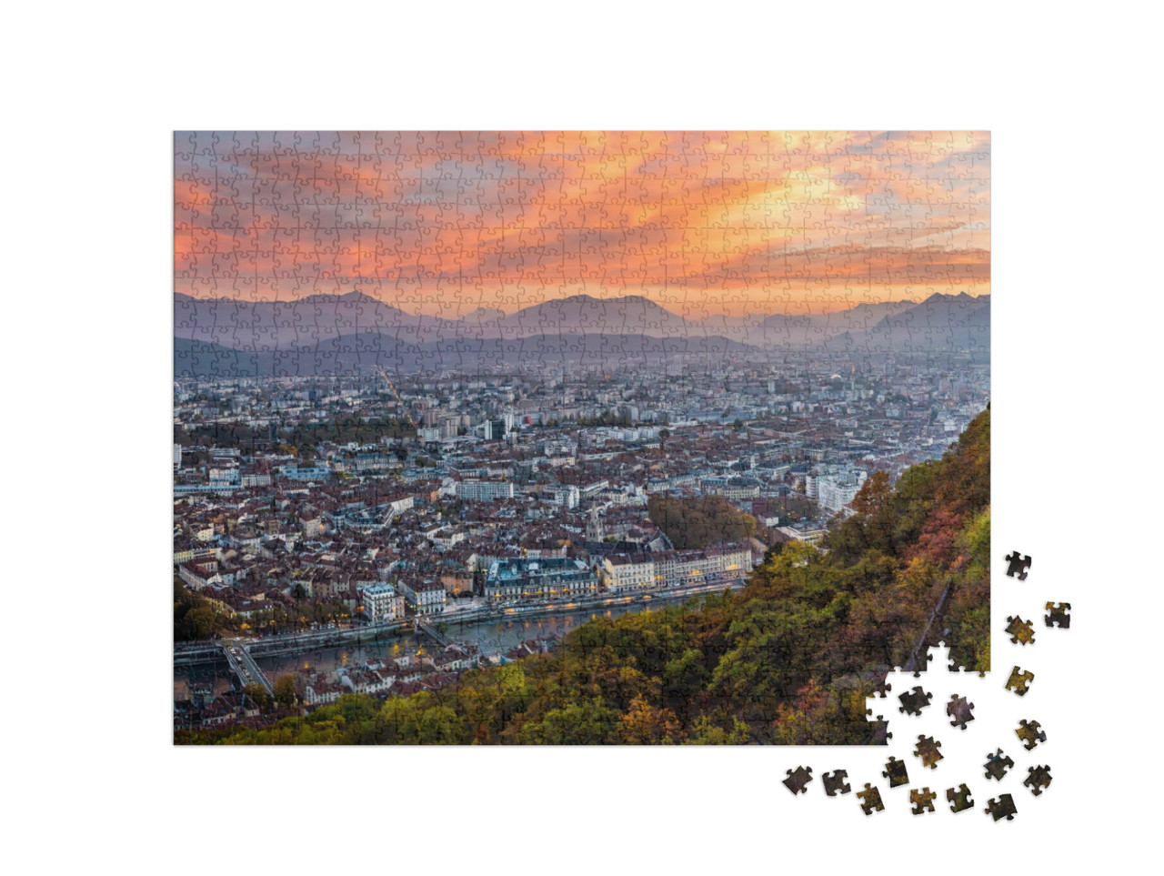 Puzzle de 1000 pièces « Panorama de la ville de Grenoble en France au coucher du soleil en automne »