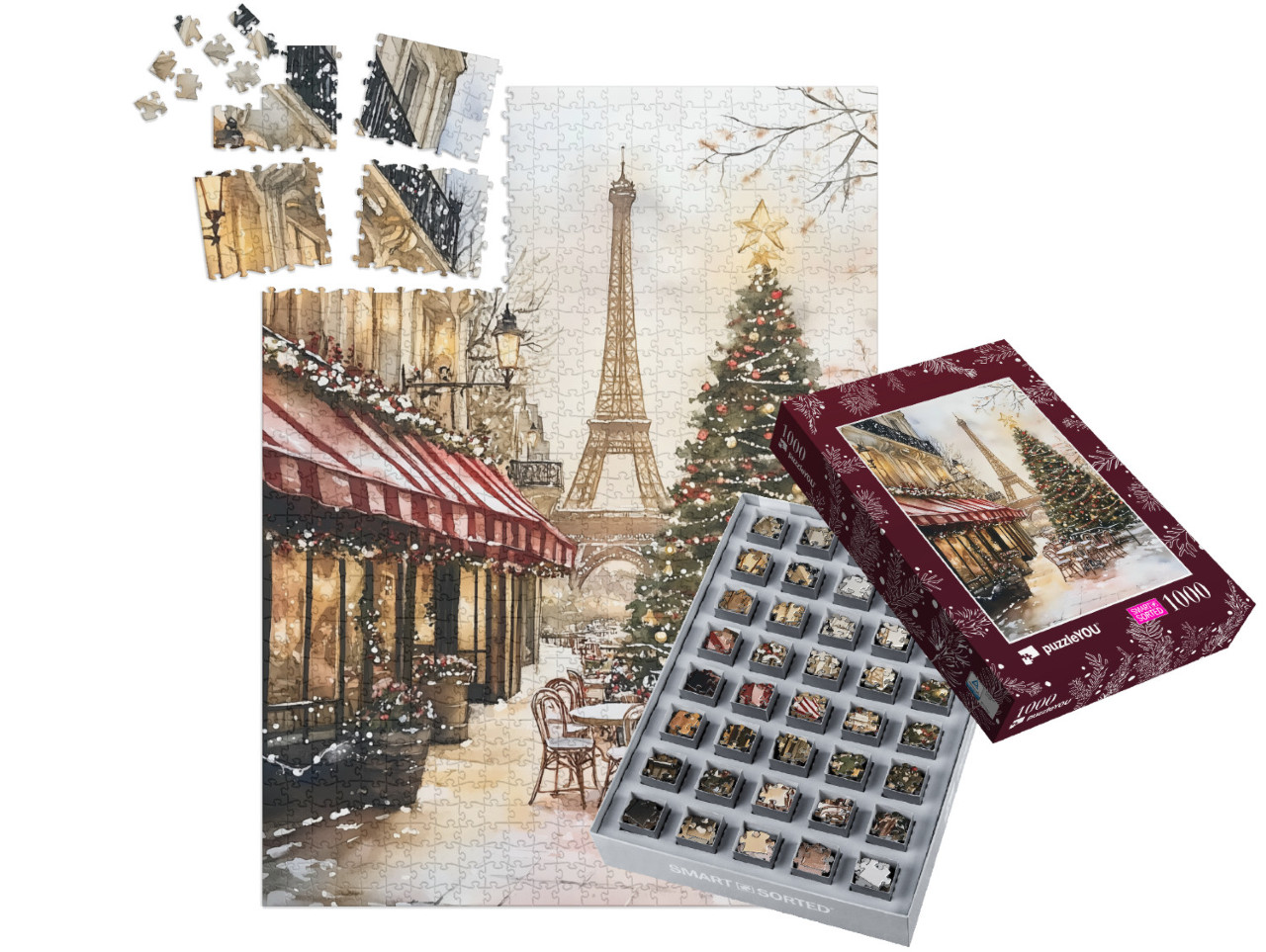 SMART SORTED® | Puzzle photo 1000 pièces « Noël à Paris : aquarelle avec sapin de Noël et tour Eiffel »