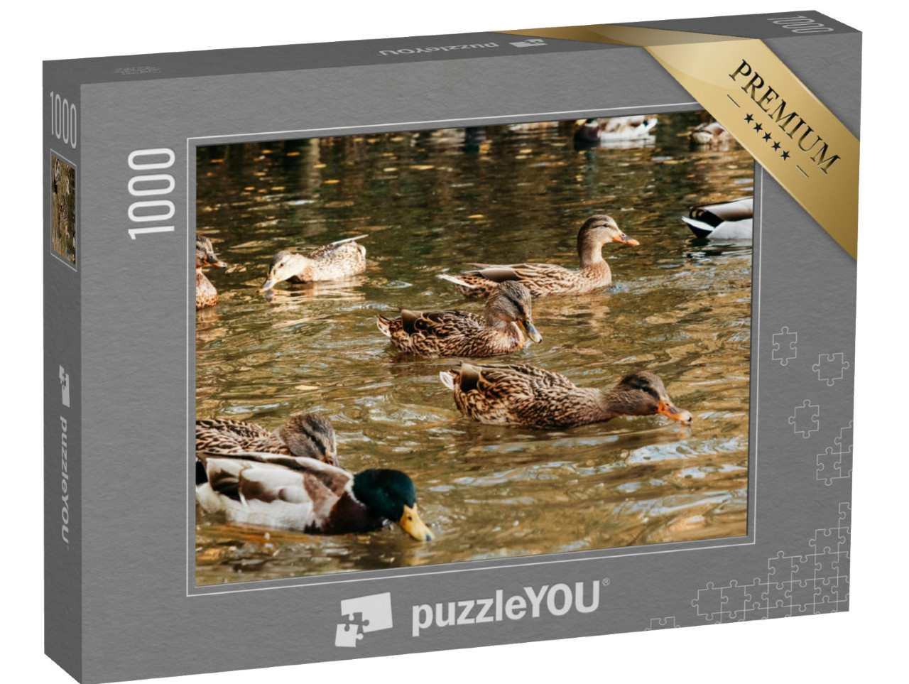 Puzzle de 1000 pièces « Une grande volée de canards mange du pain sur le lac »