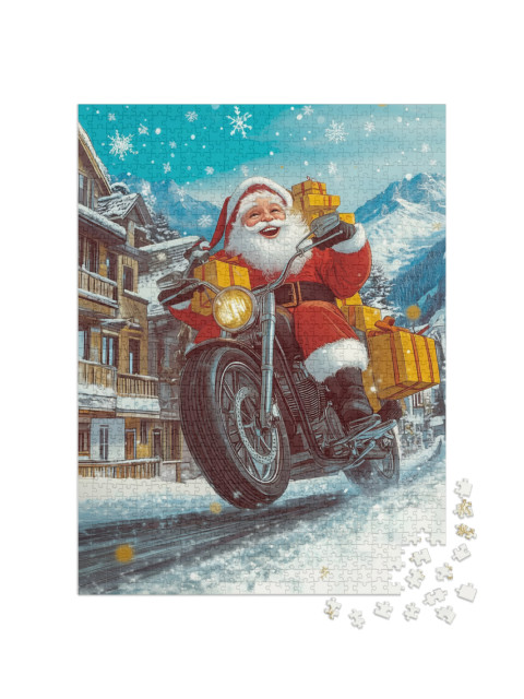 Puzzle de 1000 pièces « Le Père Noël distribue des cadeaux sur sa moto »